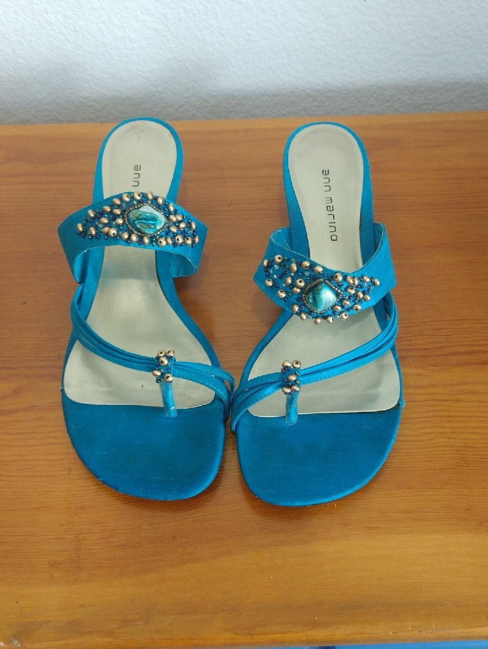 Ann Marino Turquoise Jeweled Slide Sandals